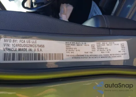 2021 Dodge Durango Gt z USA, uszkodzony, nr VIN 1C4RDJDG2MC579456